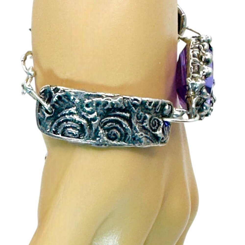 Amethyst Bracelet - Chunky Crystal Intricate Silver Links Adjustable 8" - Picture 8 of 17